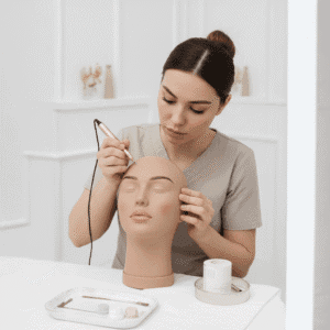 Étudiante en formation de maquillage permanent s'entraînant au dermographe sur une tête de mannequin.