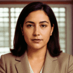 Realistic portrait of a 29-year-old woman with a slightly fuller, rounder face. She has North African / Moroccan features, medium-length dark brown or black hair, styled simply. Natural and modest everyday appearance, not glamorous, not a model. Wearing neutral, elegant clothing (like a plain blouse or shirt). Minimal, natural makeup. She is not smiling, but has a calm, confident, and authentic expression, giving an impression of quiet strength and professionalism. Neutral or softly lit background, professional modern portrait style.